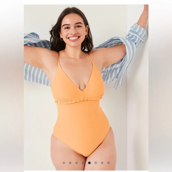 🆕 Old Navy Women’s V-Neck Ruffle-Trim Cutout One Piece Swim Swimsuit Mango 8-10 - Picture 5 of 15